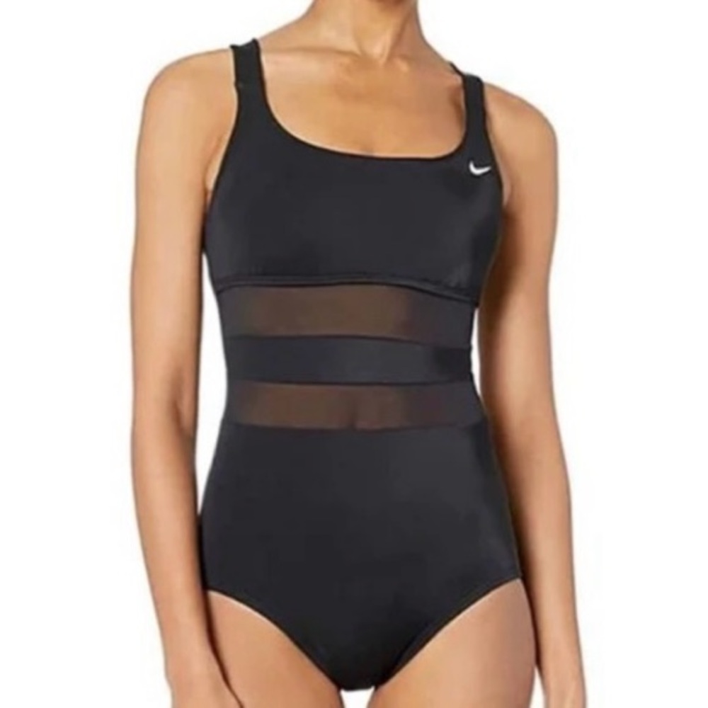 NIKE Mesh V-Back One Piece Swimsuit Black Large L NEW NWT